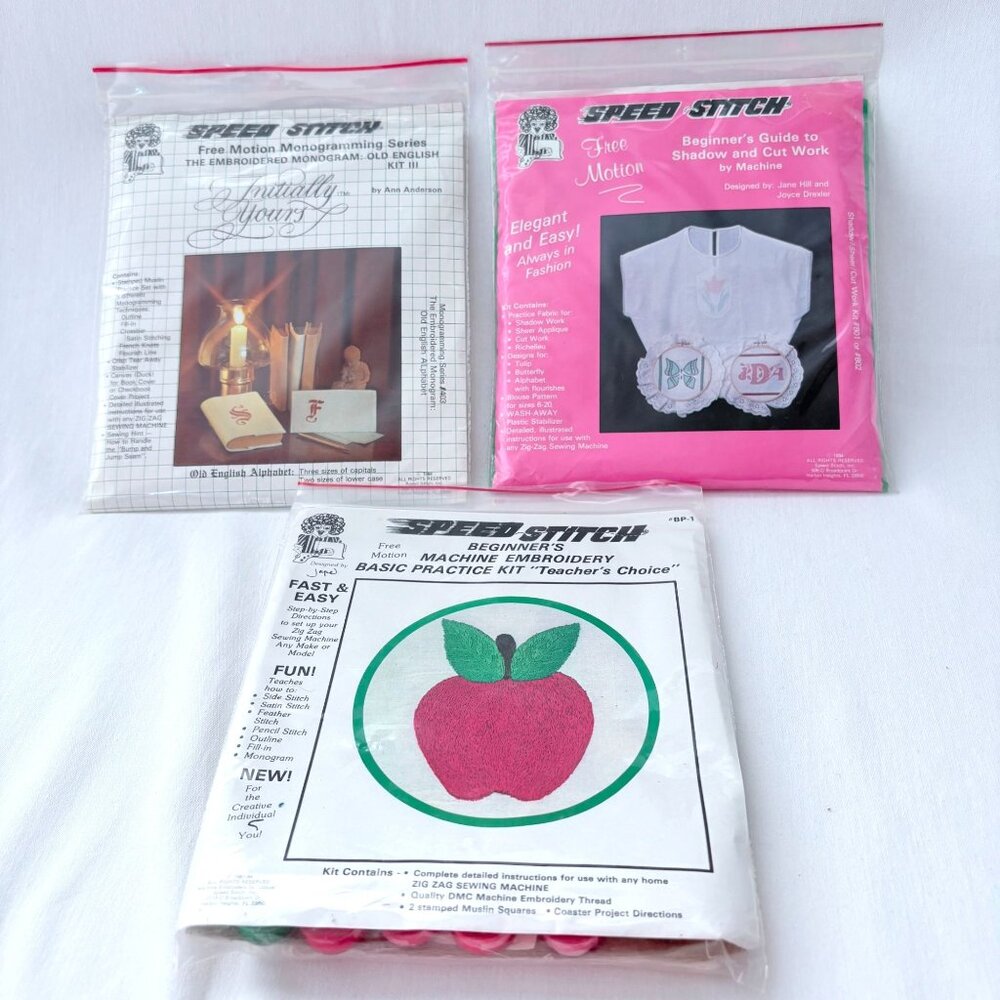 Vintage 80s Speed Stitch Beginners Sewing Machine Embroidery Kits Lot of 3 Kits‎